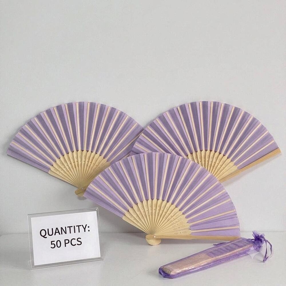 50 Pcs Bulk Lavender Paper Hand Fans with Organza Gift Bags wedding